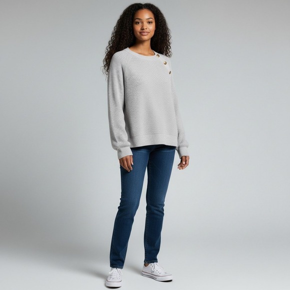 J Crew Womens Light Gray Button Shoulder Knit Sweater XXS Raglan Sleeve Casual - Picture 7 of 7